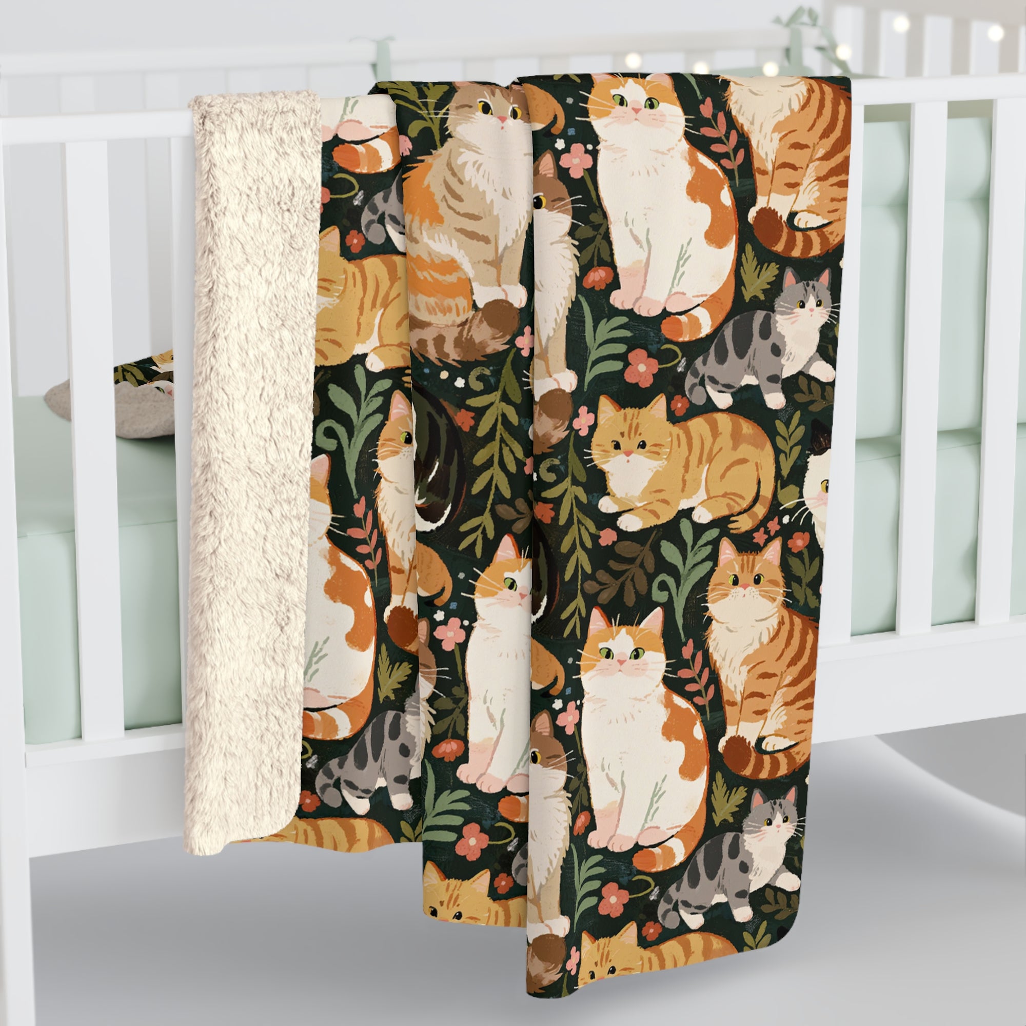 Sherpa Blanket - Whimsical cat and kitten garden party, various cat breeds amidst green foliage and pink flowers, charming animal illustration, dark forest green background, playful and natural art