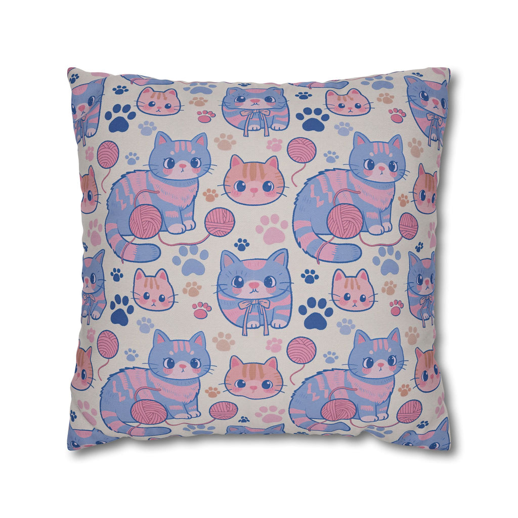 Square Pillowcase - Sweet pastel blue and pink cartoon cats, cute kawaii style kittens with yarn and paw prints, charming and playful animal design, light cream background, delightful pet pattern