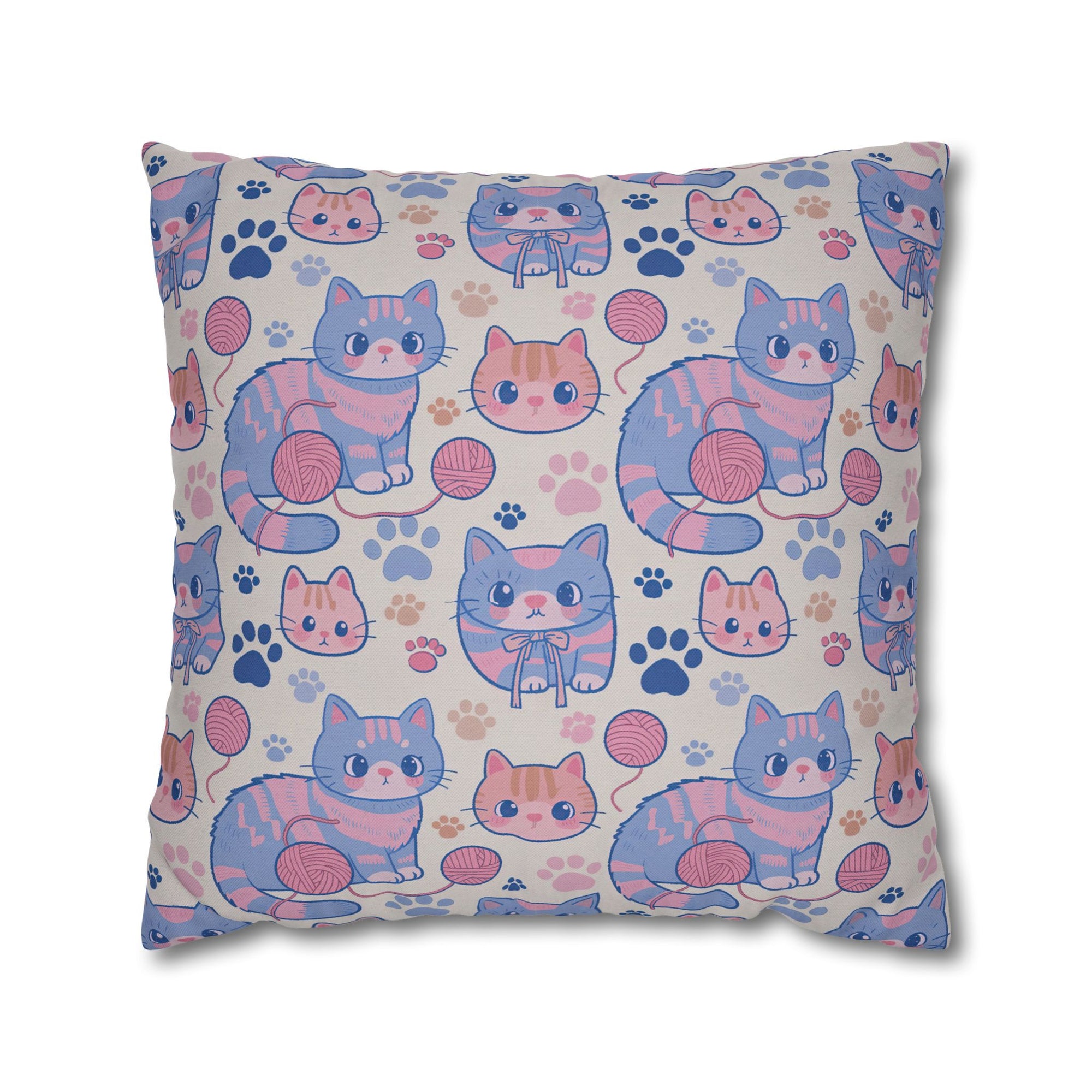 Square Pillowcase - Sweet pastel blue and pink cartoon cats, cute kawaii style kittens with yarn and paw prints, charming and playful animal design, light cream background, delightful pet pattern