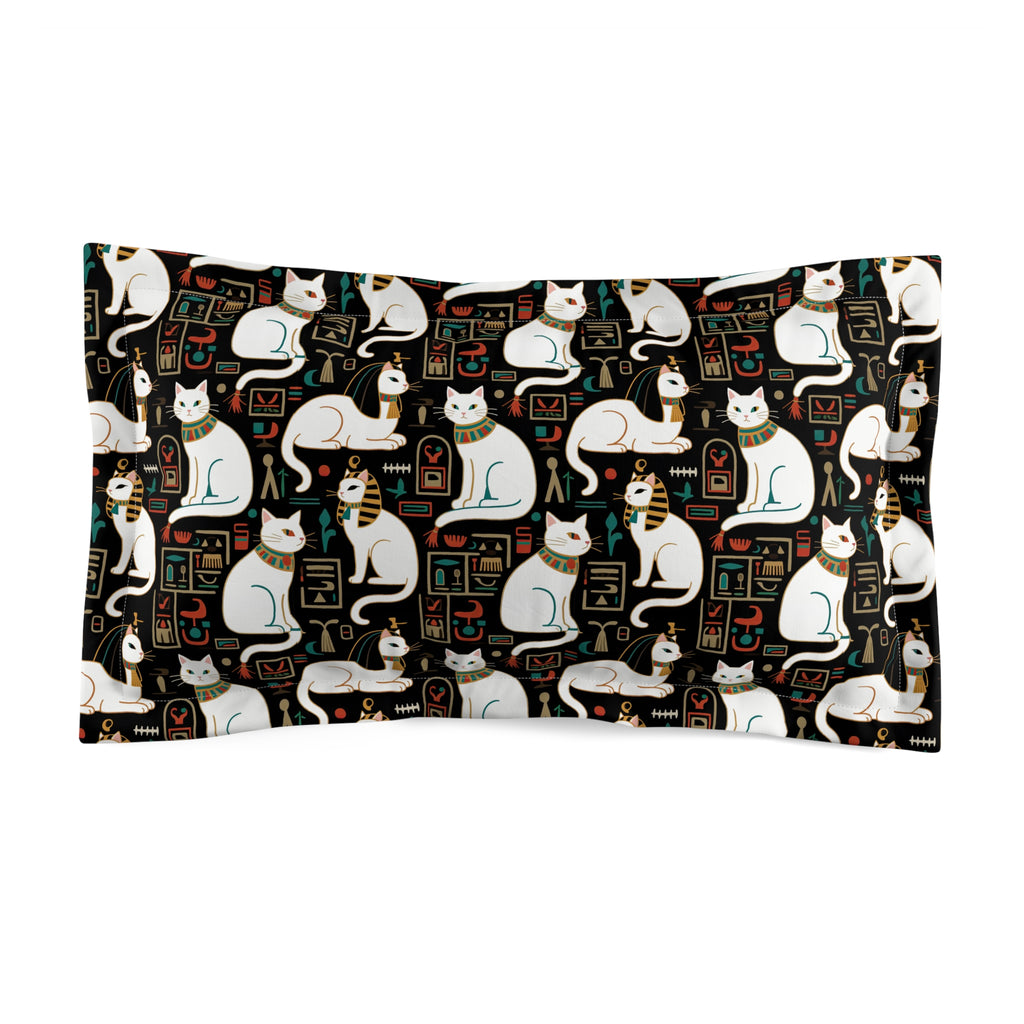 Pillow Sham - Regal White Egyptian Cats with Ornate Collars and Ancient Symbols Adorn this Historically Inspired and Mystical Pattern