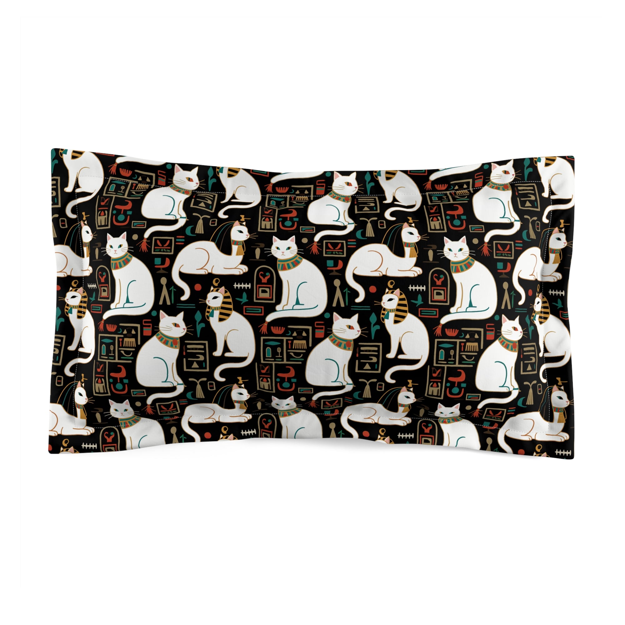 Pillow Sham - Regal White Egyptian Cats with Ornate Collars and Ancient Symbols Adorn this Historically Inspired and Mystical Pattern