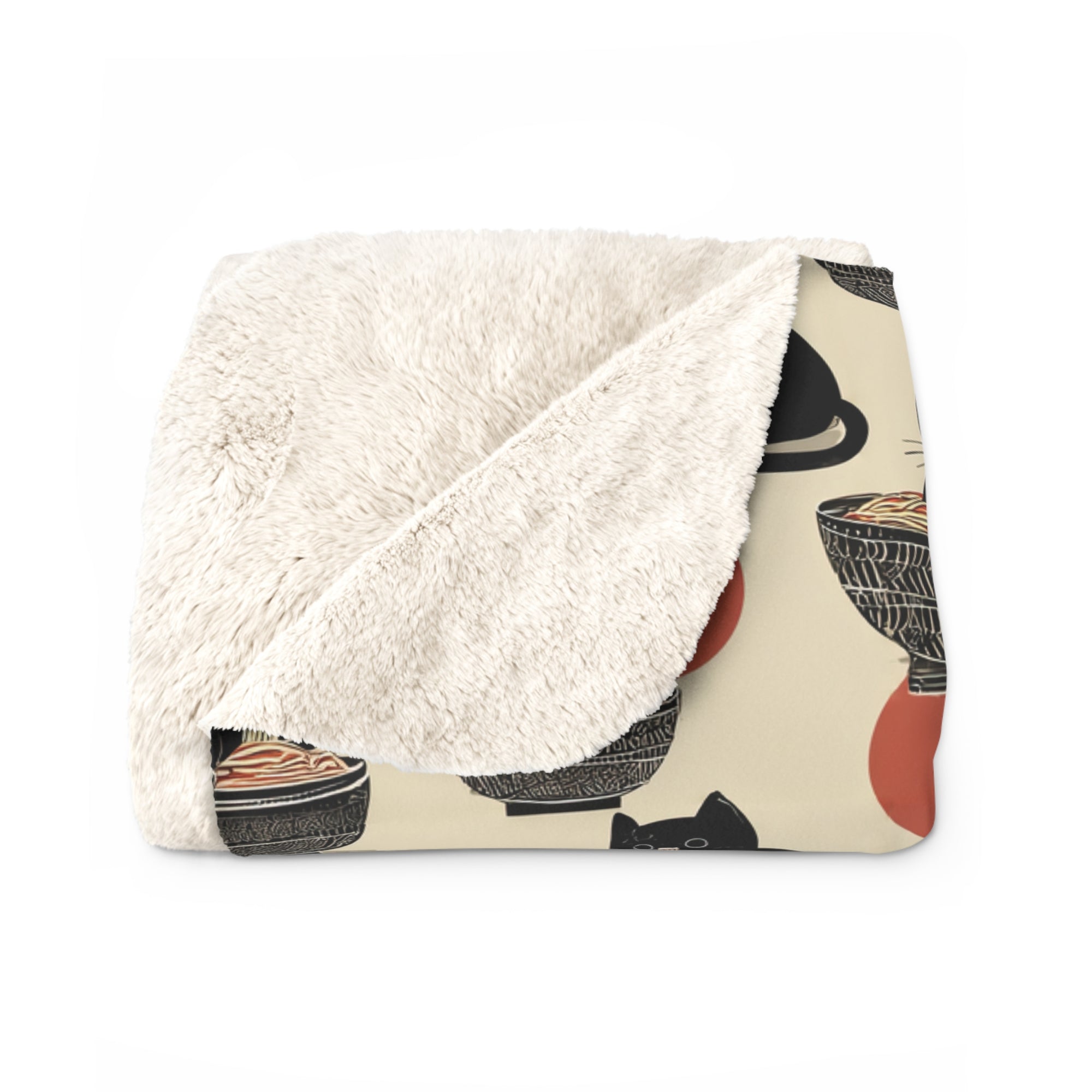 Sherpa Blanket - A whimsical and delightful hand-drawn style pattern of adorable black cats eating bowls of delicious ramen noodles with a large red sun in the background.