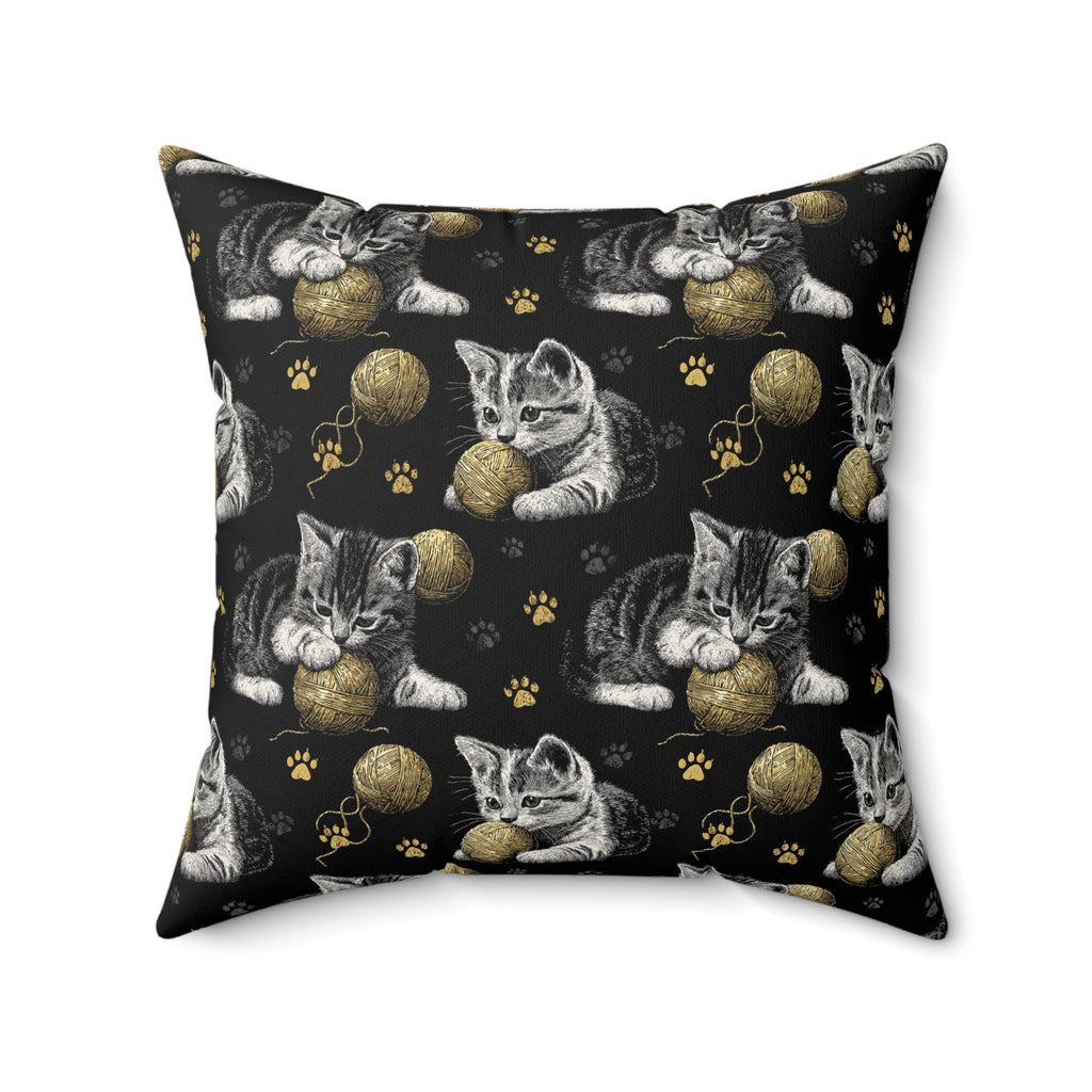 Indoor Square Pillow - Grey and White Kittens Playing with Golden Yarn on a Black Background with Paw Prints