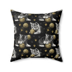 Indoor Square Pillow - Grey and White Kittens Playing with Golden Yarn on a Black Background with Paw Prints