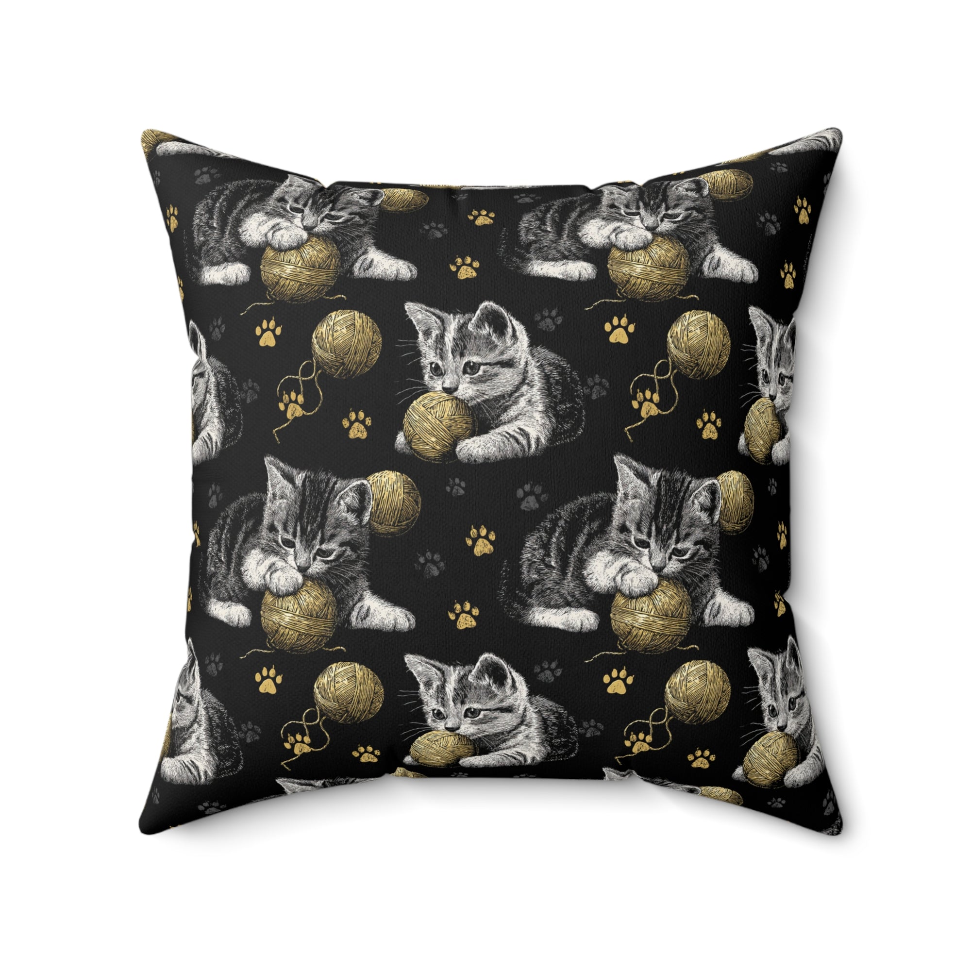 Indoor Square Pillow - Grey and White Kittens Playing with Golden Yarn on a Black Background with Paw Prints