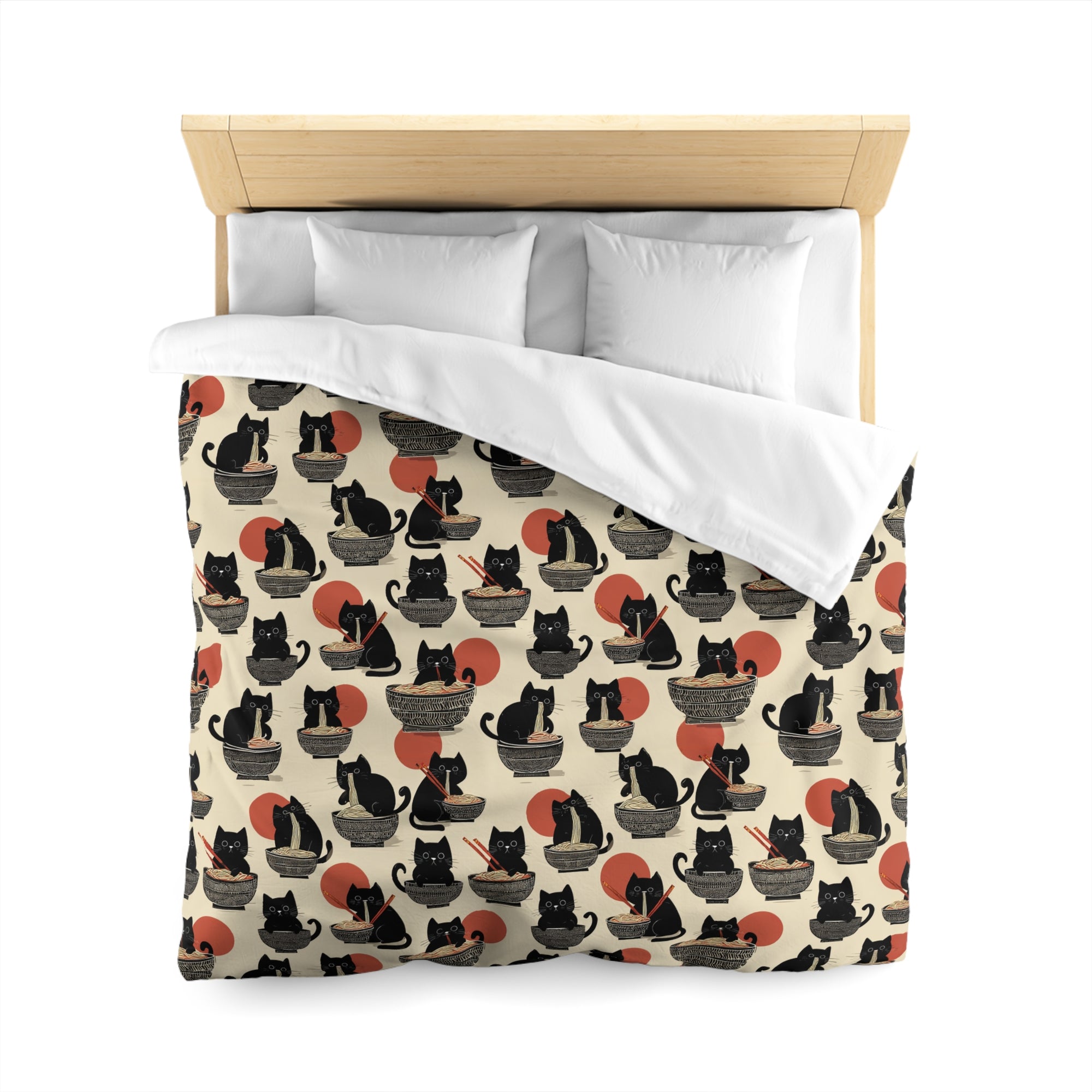 Duvet Cover - A whimsical and delightful hand-drawn style pattern of adorable black cats eating bowls of delicious ramen noodles with a large red sun in the background.