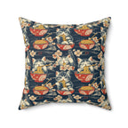 Indoor Square Pillow - A charming and detailed illustration of happy kittens in red ramen bowls eating their noodles with chopsticks among beautiful pink cherry blossoms on a dark background.