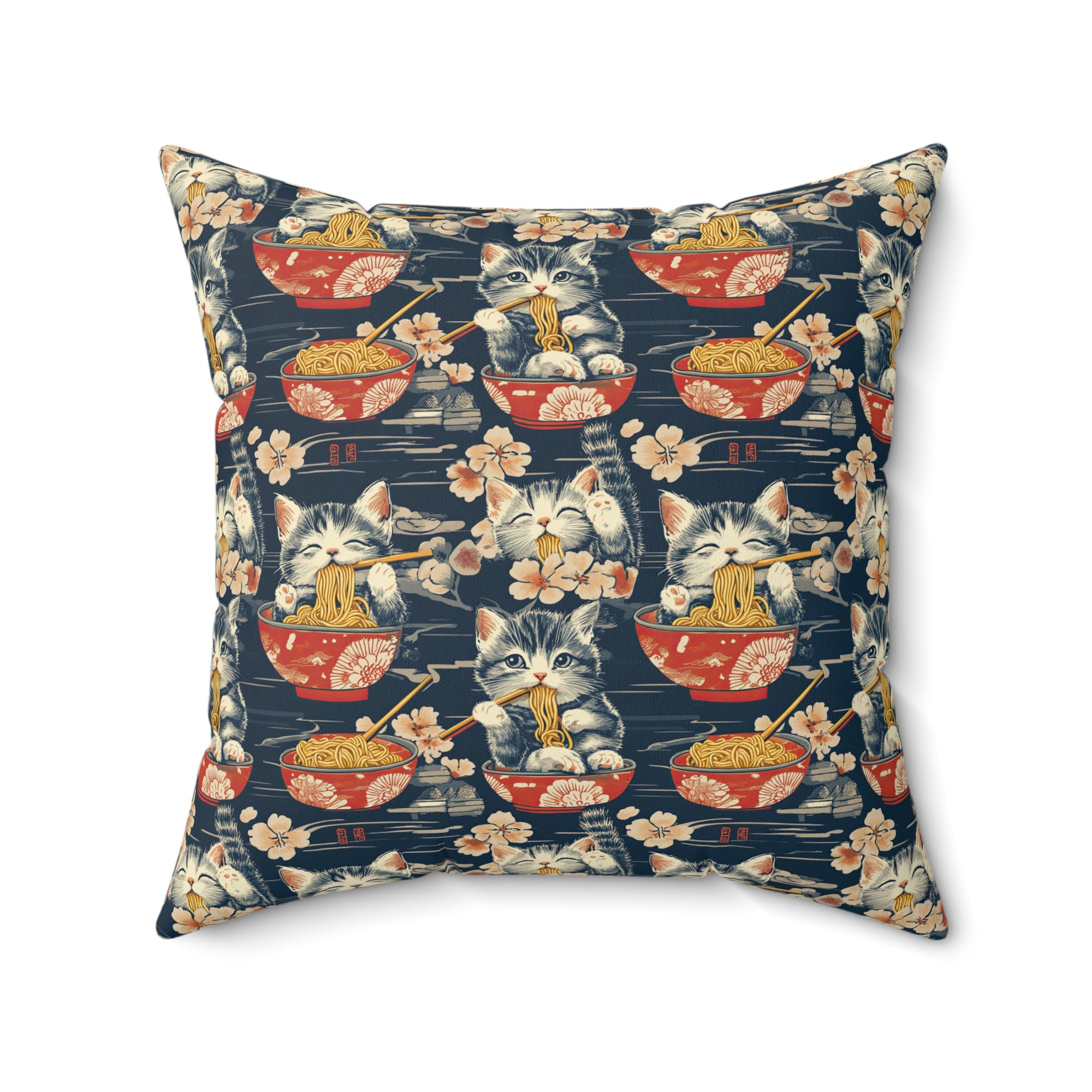 Indoor Square Pillow - A charming and detailed illustration of happy kittens in red ramen bowls eating their noodles with chopsticks among beautiful pink cherry blossoms on a dark background.