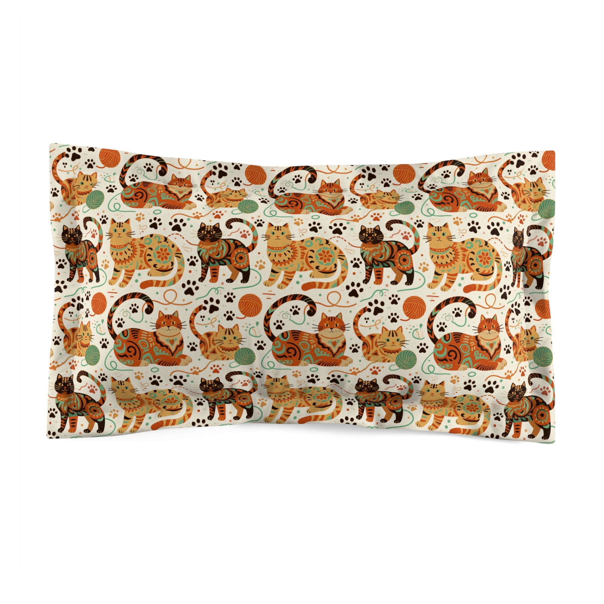 Pillow Sham - Colorful folk art patterned cats, vibrant orange and teal hues, playful felines with yarn and paw prints, bohemian animal illustration, cream background, artistic and cheerful design