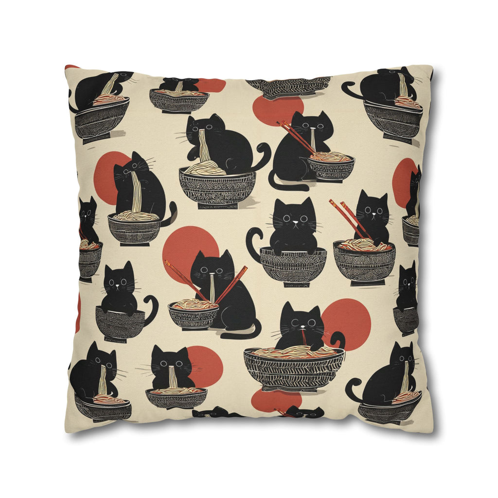 Square Pillowcase - A whimsical and delightful hand-drawn style pattern of adorable black cats eating bowls of delicious ramen noodles with a large red sun in the background.