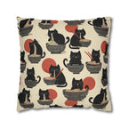 Square Pillowcase - A whimsical and delightful hand-drawn style pattern of adorable black cats eating bowls of delicious ramen noodles with a large red sun in the background.
