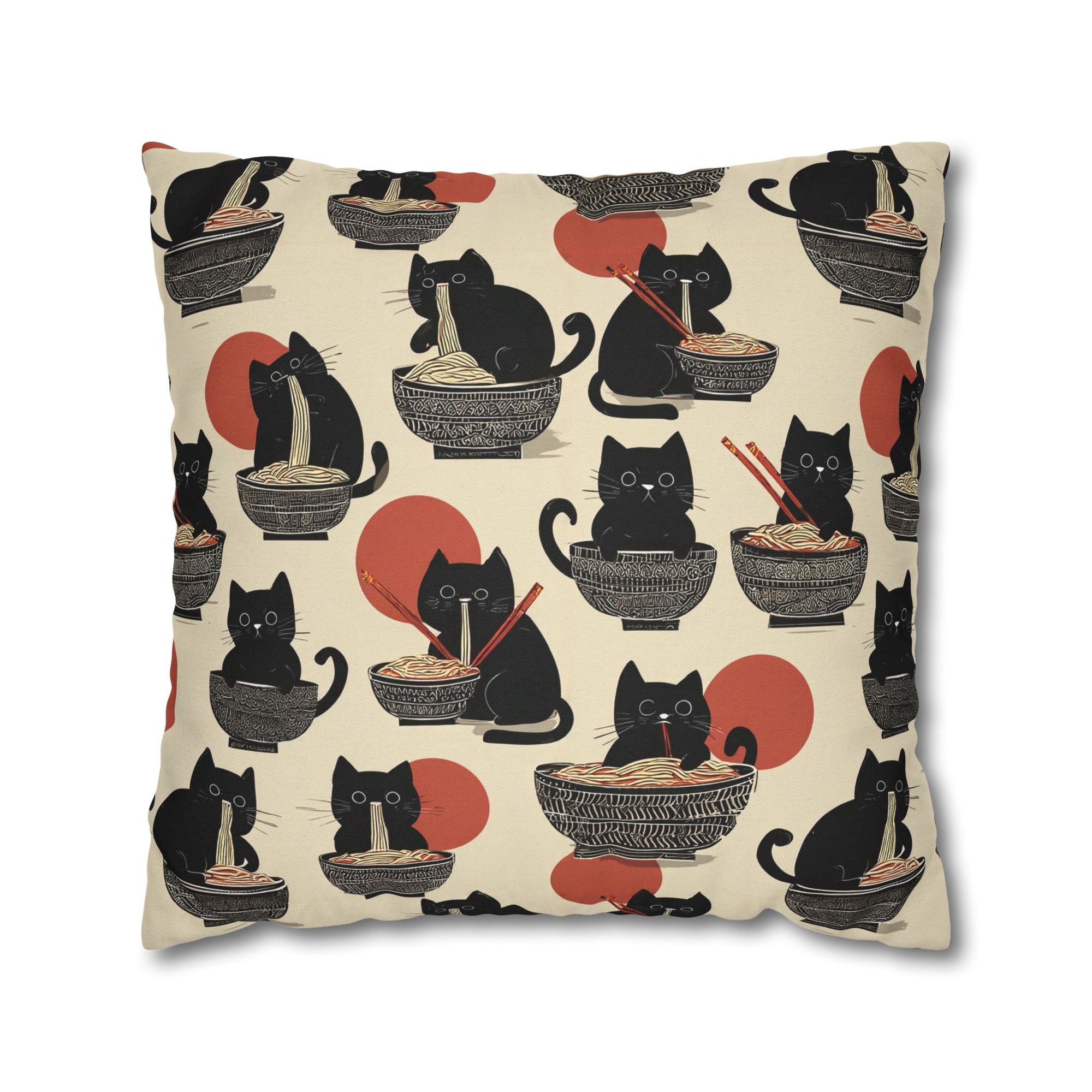 Square Pillowcase - A whimsical and delightful hand-drawn style pattern of adorable black cats eating bowls of delicious ramen noodles with a large red sun in the background.