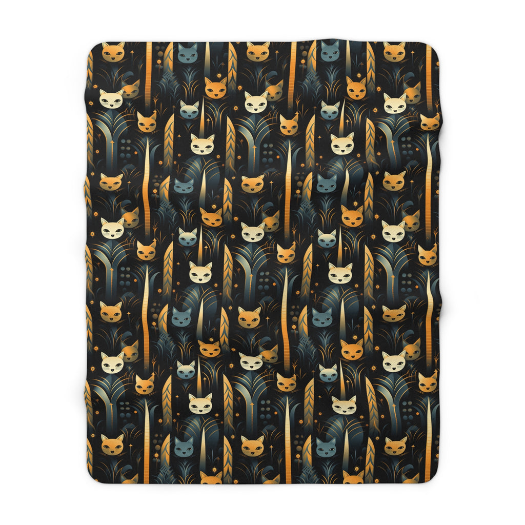 Sherpa Blanket - A sleek and stylish Art Deco-inspired pattern depicting a serene nocturnal landscape with streamlined cat silhouettes and radiating golden light among abstract plants.