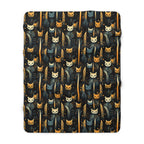 Sherpa Blanket - A sleek and stylish Art Deco-inspired pattern depicting a serene nocturnal landscape with streamlined cat silhouettes and radiating golden light among abstract plants.