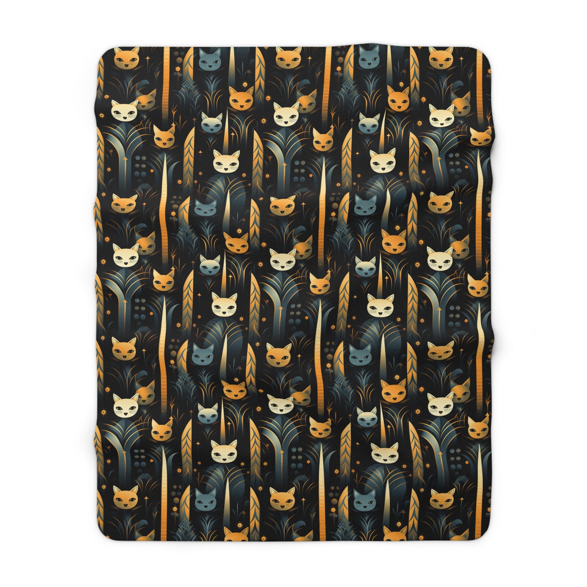 Sherpa Blanket - A sleek and stylish Art Deco-inspired pattern depicting a serene nocturnal landscape with streamlined cat silhouettes and radiating golden light among abstract plants.