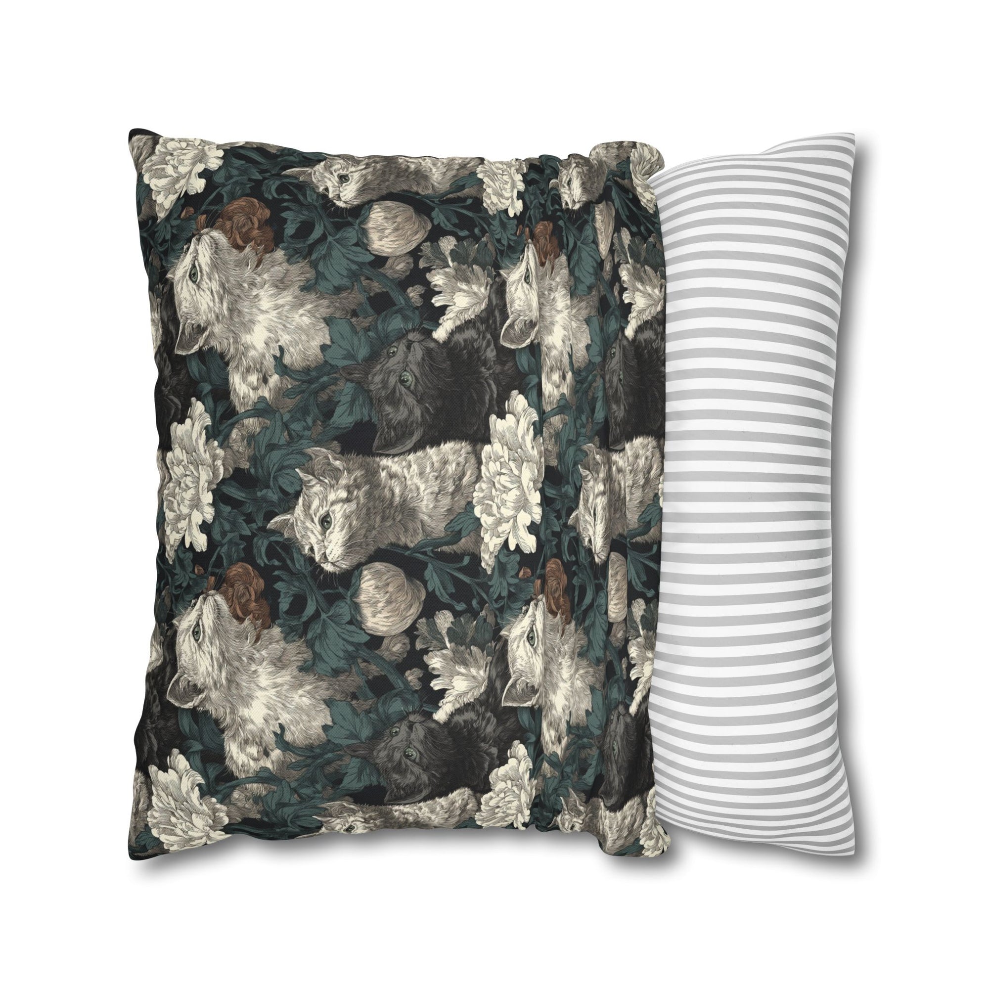 Square Pillowcase - Grey and White Kittens with Creamy White Flowers and Dark Green Foliage, Elegant Vintage Vibe