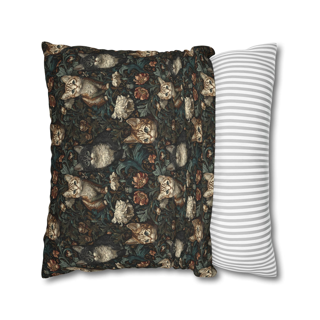 Square Pillowcase - Brown Tabby Kittens Among Dark Green and Peach Floral Vines, Moody Vintage Style