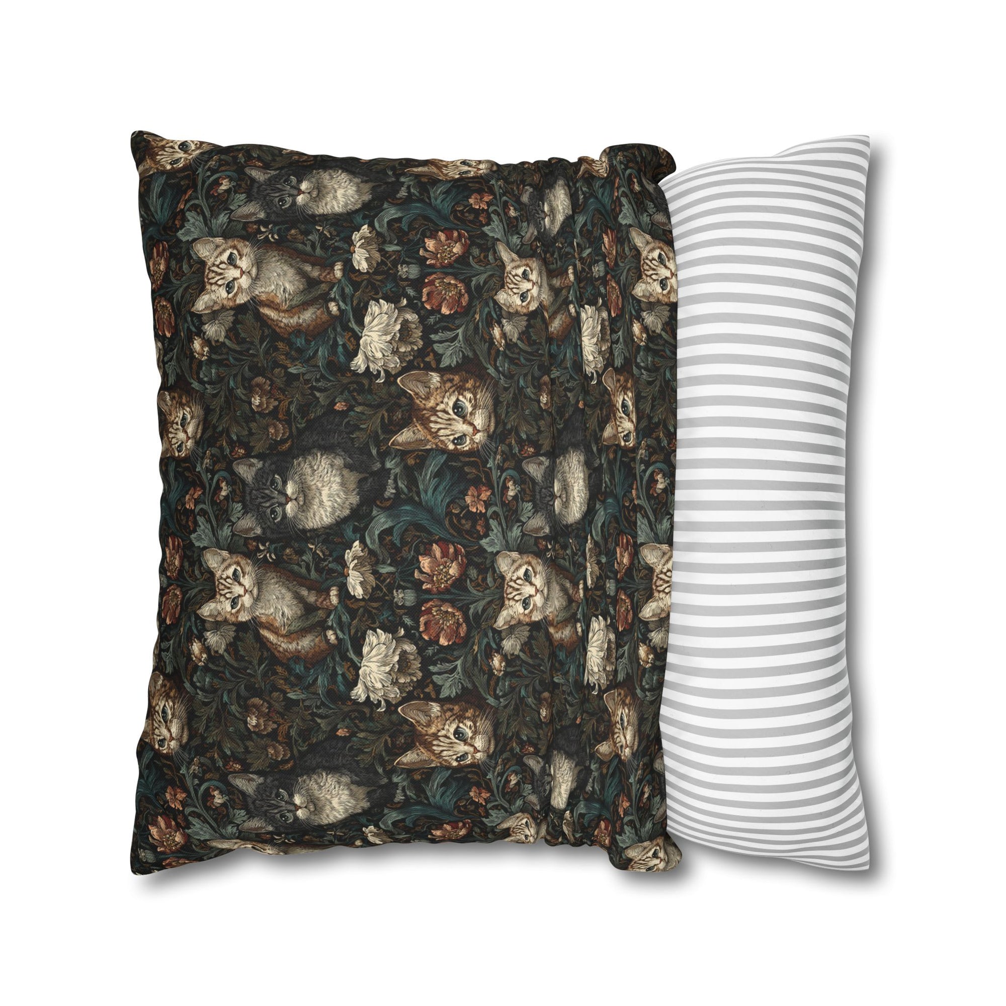 Square Pillowcase - Brown Tabby Kittens Among Dark Green and Peach Floral Vines, Moody Vintage Style