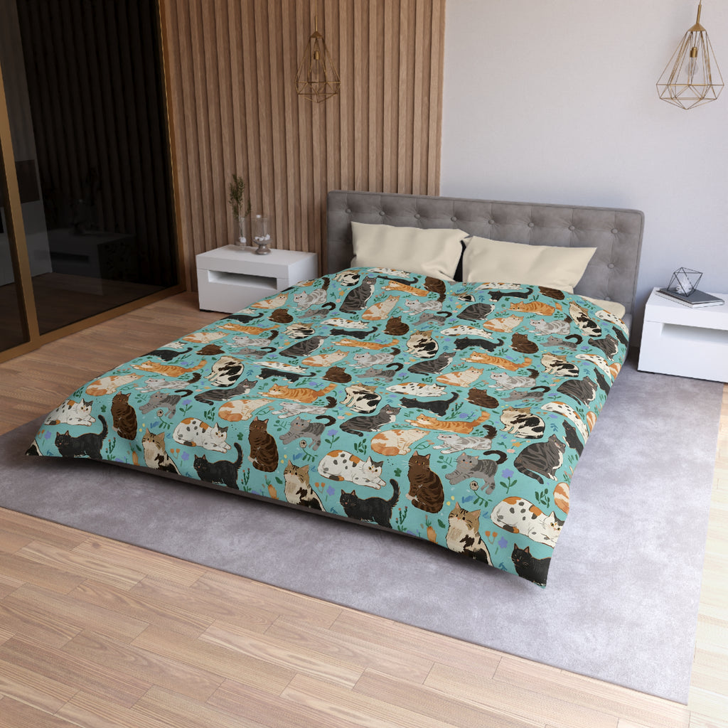 Duvet Cover - A Delightful Assortment of Charming Cats in Diverse Poses and Breeds Scattered Across a Soft Blue Floral Background