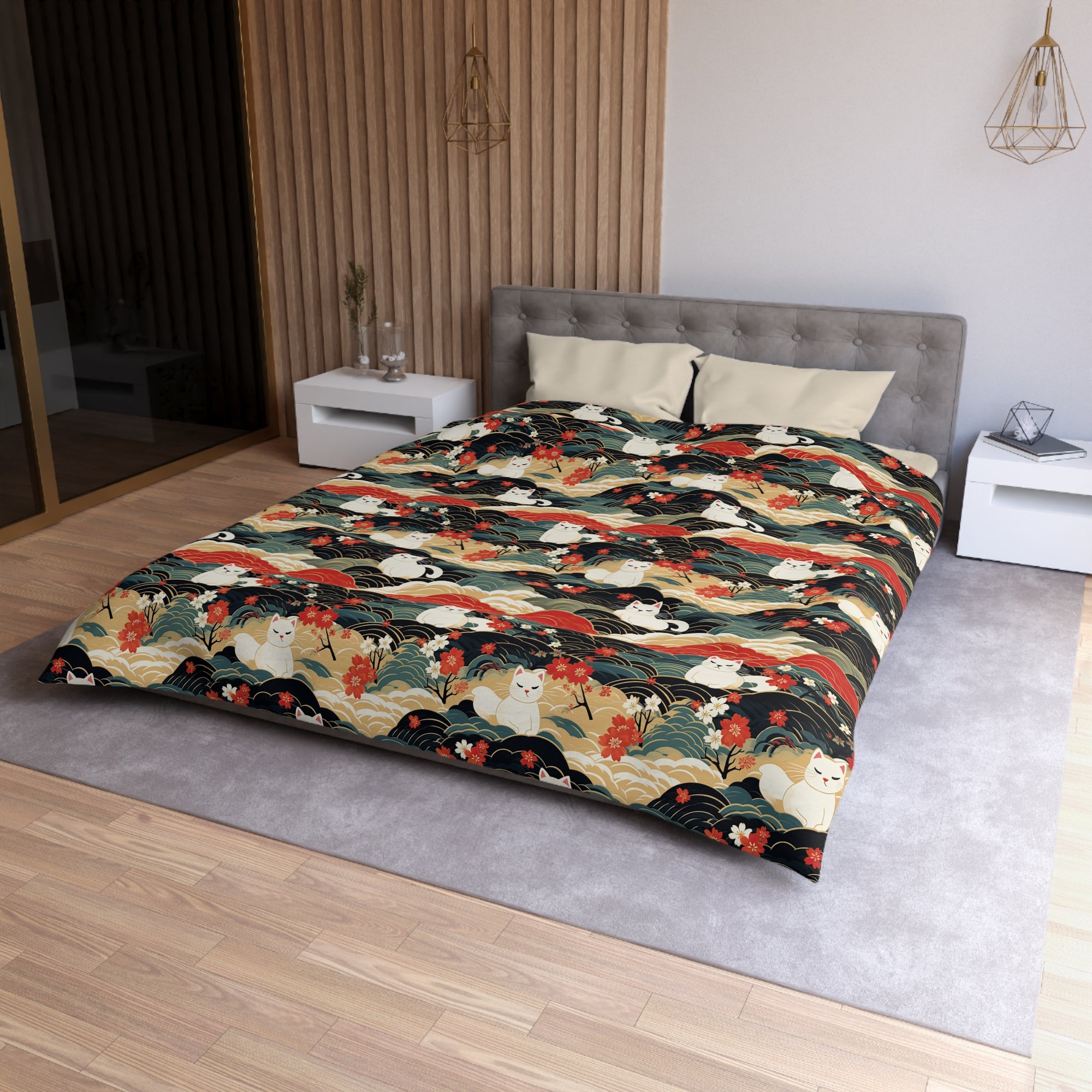 Duvet Cover - A beautiful, Japanese-inspired illustration of tranquil white cats resting on rolling clouds with vibrant red and white cherry blossoms.