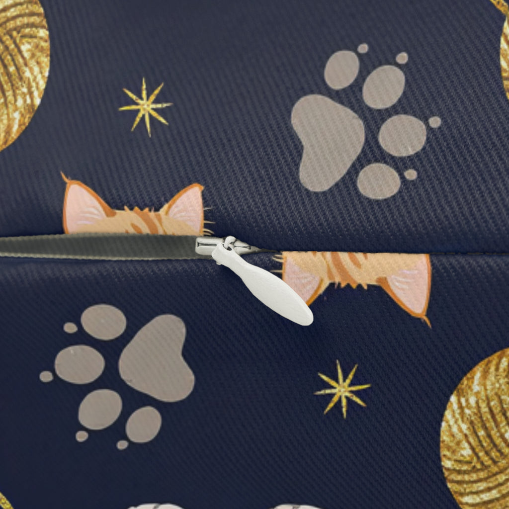 Indoor Lumbar Pillow - Charming cats and golden yarn playful design, cute kittens with paw prints, whimsical animal art for cat lovers, dark blue background, delightful pet themed illustration