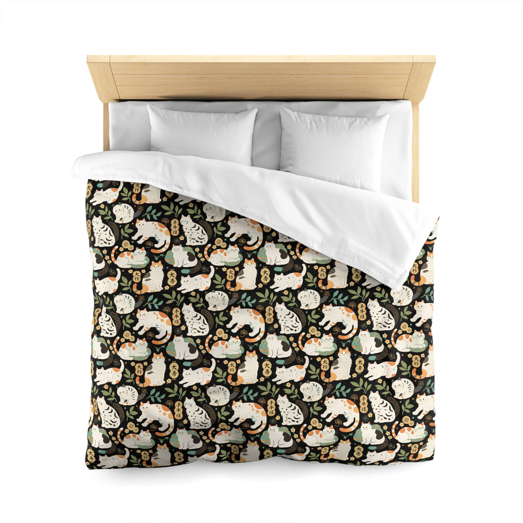 Duvet Cover - Traditional Japanese Maneki-Neko Cats and Auspicious Symbols Grace a Dark Background in this Fortunate Pattern