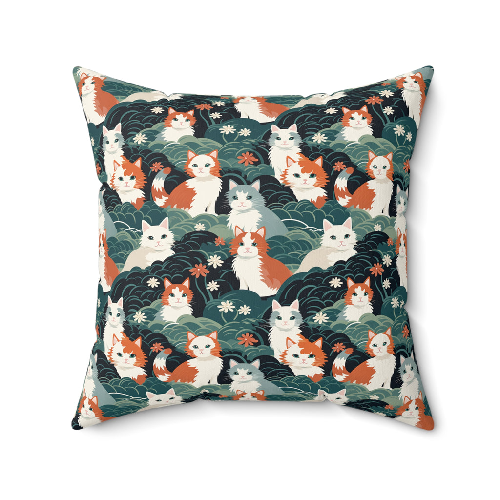 Indoor Square Pillow - A whimsical, fluffy, watercolor depiction of various cats of different colors peeking out from a dense dark blue and green bush with white flowers.