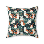 Indoor Square Pillow - A whimsical, fluffy, watercolor depiction of various cats of different colors peeking out from a dense dark blue and green bush with white flowers.