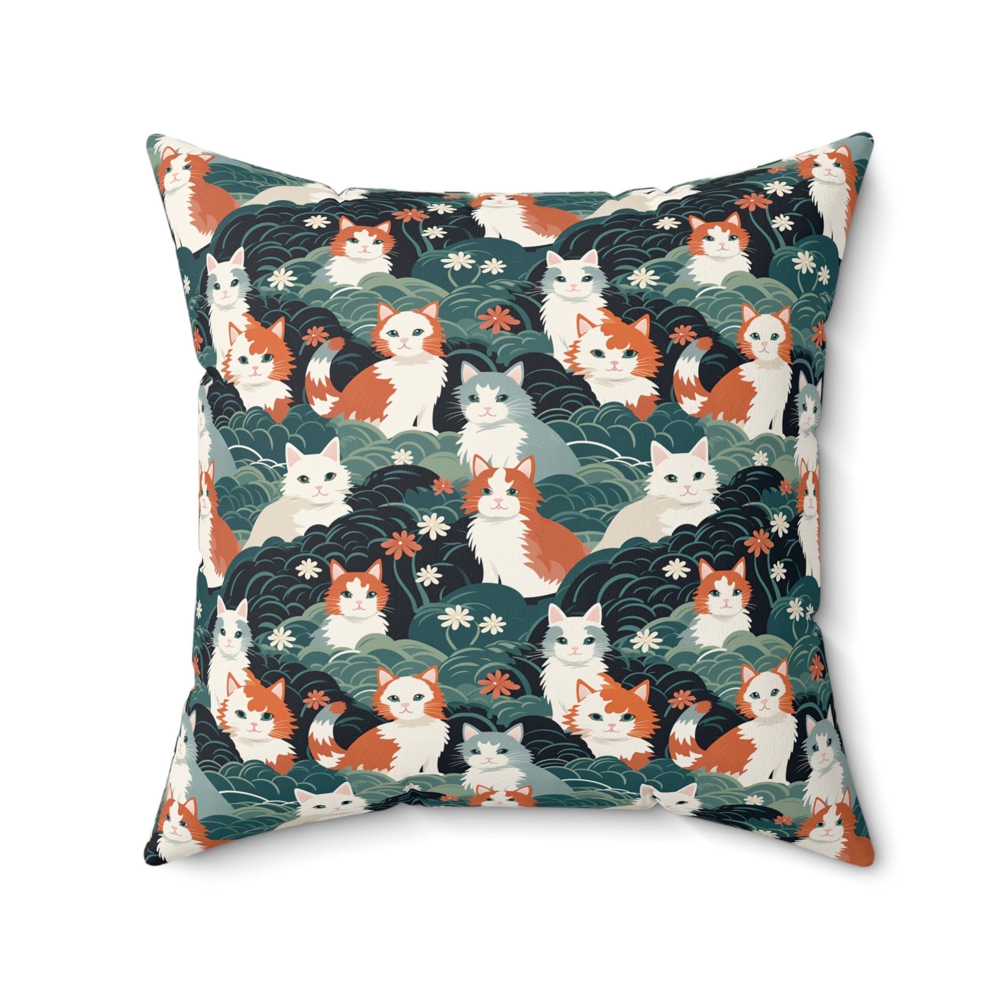 Indoor Square Pillow - A whimsical, fluffy, watercolor depiction of various cats of different colors peeking out from a dense dark blue and green bush with white flowers.