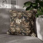 Square Pillowcase - An intricate and detailed vintage illustration featuring a close-up of various fluffy cats with bright eyes amidst lush, ornate floral foliage in sepia tones.