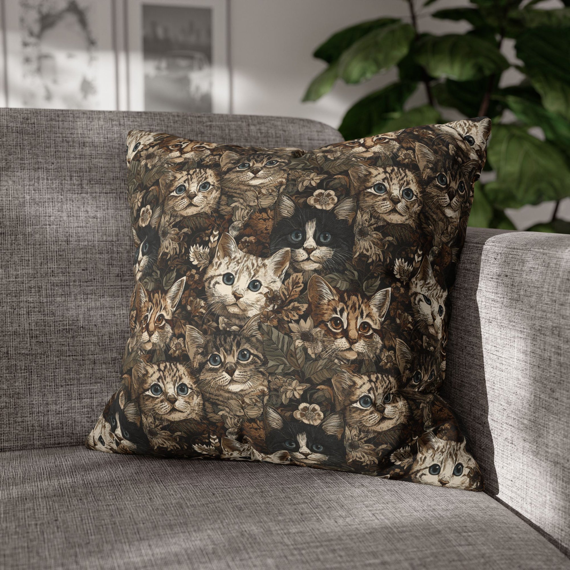 Square Pillowcase - An intricate and detailed vintage illustration featuring a close-up of various fluffy cats with bright eyes amidst lush, ornate floral foliage in sepia tones.