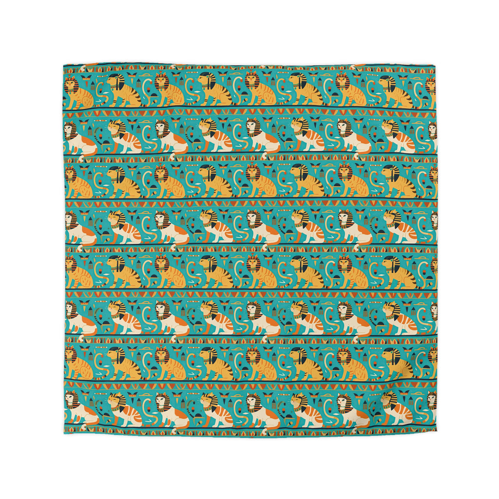 Duvet Cover - Horizontal Stripes of Golden Egyptian Cats and Intricate Hieroglyphs Form a Repeating and Historically Themed Border Pattern