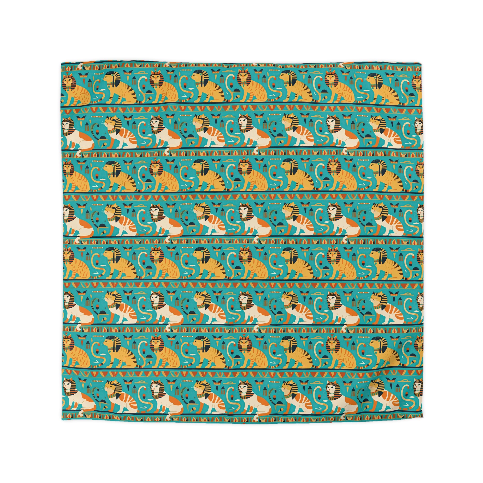 Duvet Cover - Horizontal Stripes of Golden Egyptian Cats and Intricate Hieroglyphs Form a Repeating and Historically Themed Border Pattern