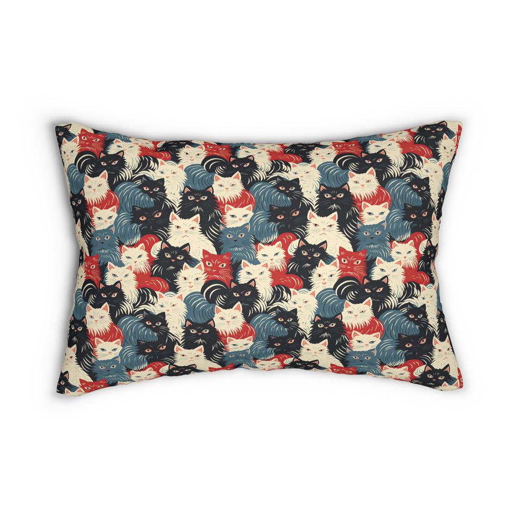 Indoor Lumbar Pillow - A bold and graphic pop art style illustration featuring a tight-knit cluster of various fluffy felines in black, white, red, and blue.