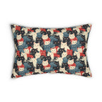 Indoor Lumbar Pillow - A bold and graphic pop art style illustration featuring a tight-knit cluster of various fluffy felines in black, white, red, and blue.