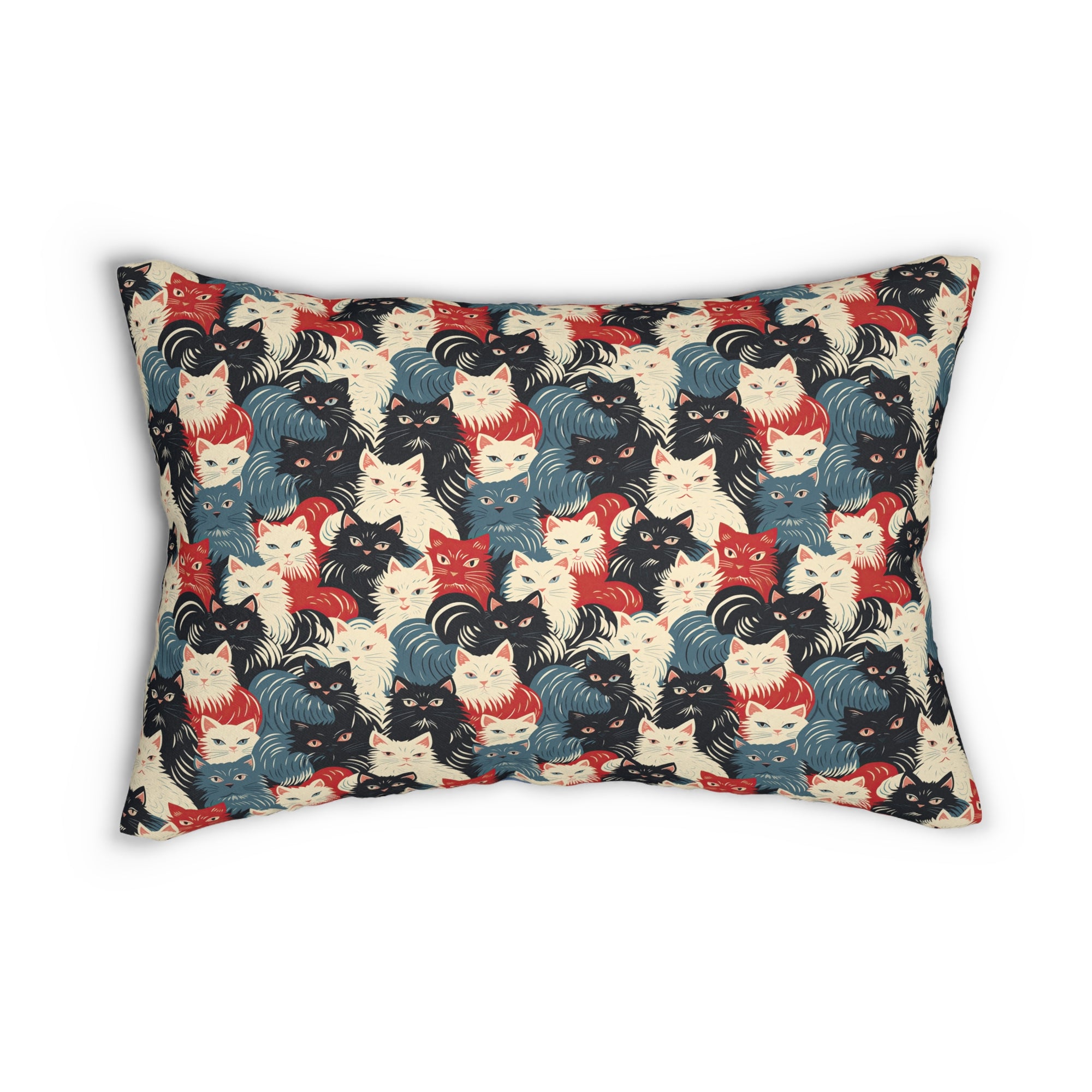 Indoor Lumbar Pillow - A bold and graphic pop art style illustration featuring a tight-knit cluster of various fluffy felines in black, white, red, and blue.