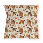 Outdoor Pillow - Artistic patterned cats in warm earth tones, unique tribal and folk art designs, playful felines with yarn and paw prints, bohemian animal print, cream background, creative cat art