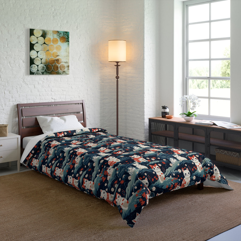 Comforter - A serene and sweet Japanese landscape pattern featuring multicolored cats relaxing within a tranquil field of red and white flowers and gentle blue hills.