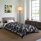 Comforter - A serene and sweet Japanese landscape pattern featuring multicolored cats relaxing within a tranquil field of red and white flowers and gentle blue hills.