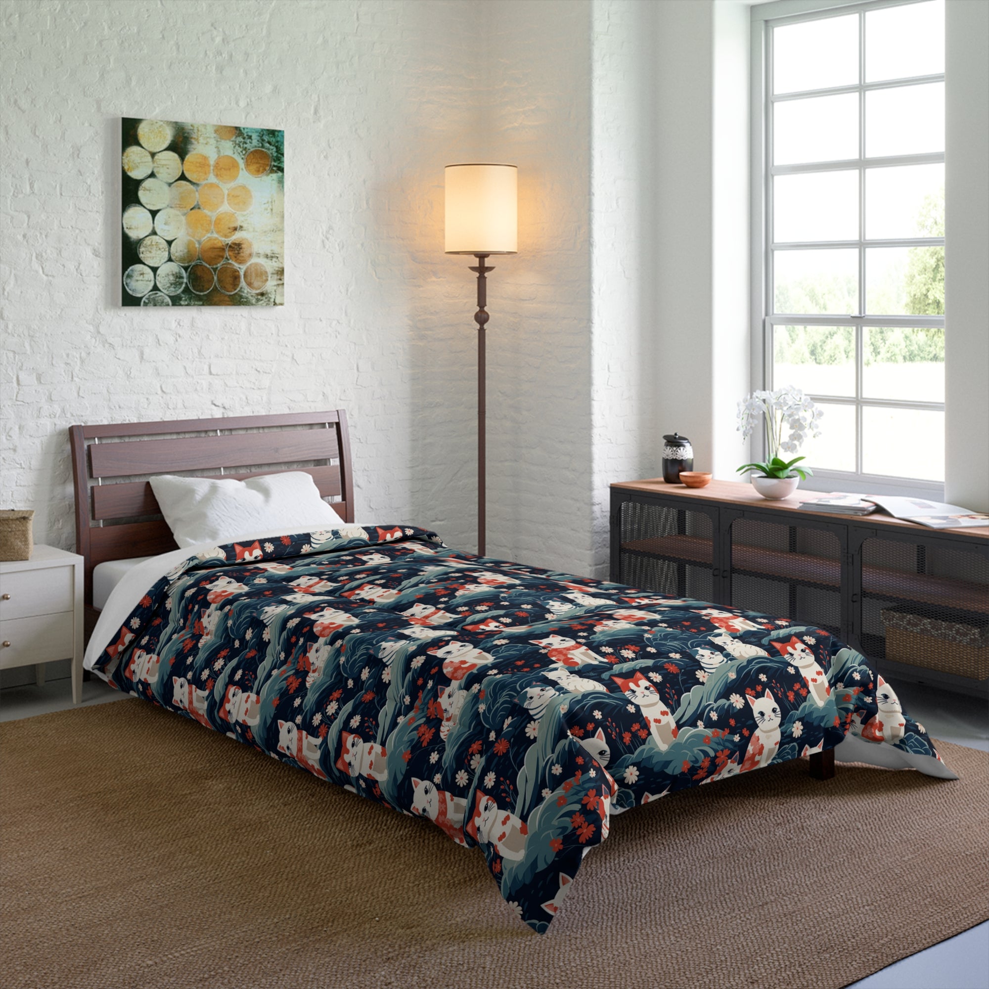 Comforter - A serene and sweet Japanese landscape pattern featuring multicolored cats relaxing within a tranquil field of red and white flowers and gentle blue hills.
