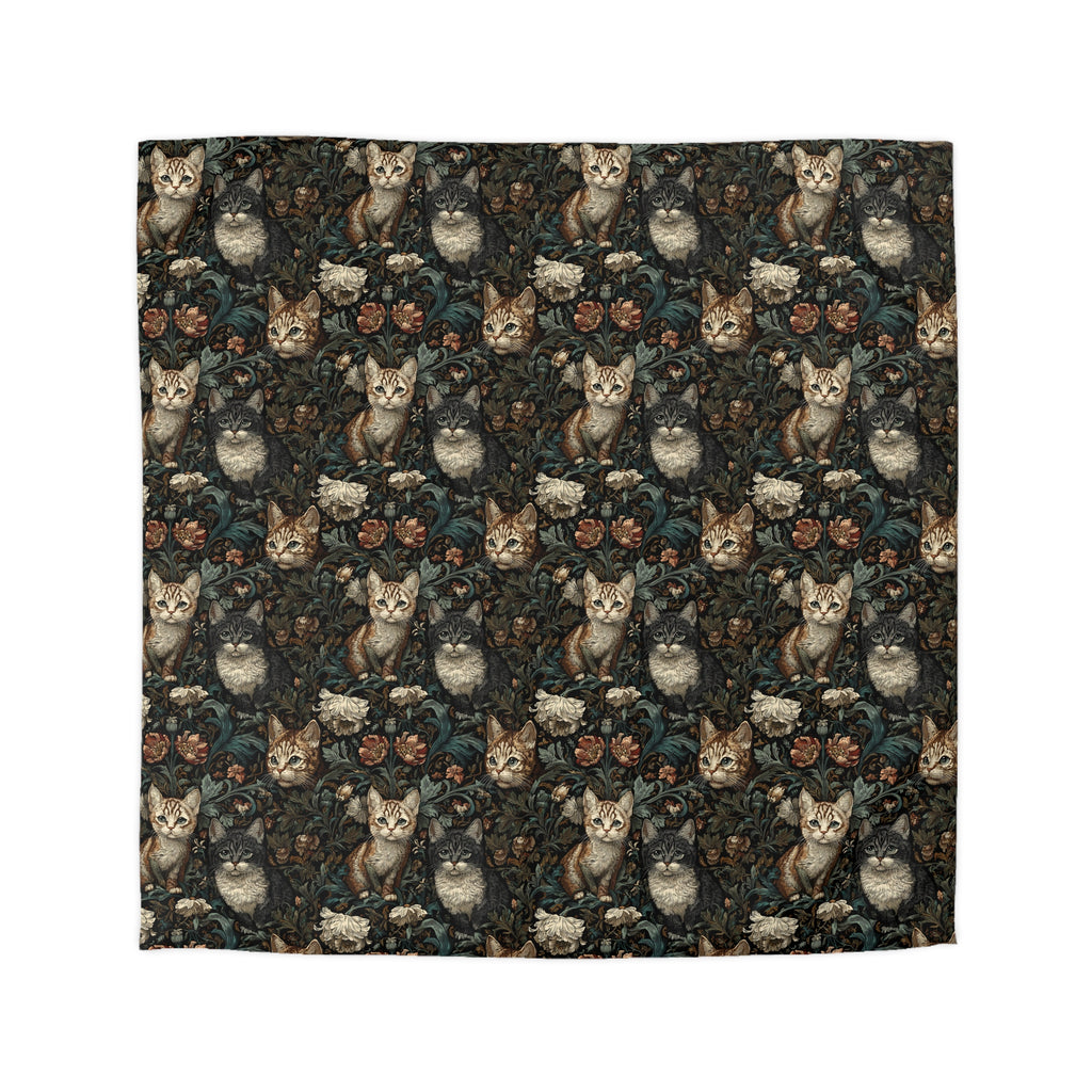 Duvet Cover - Brown Tabby Kittens Among Dark Green and Peach Floral Vines, Moody Vintage Style
