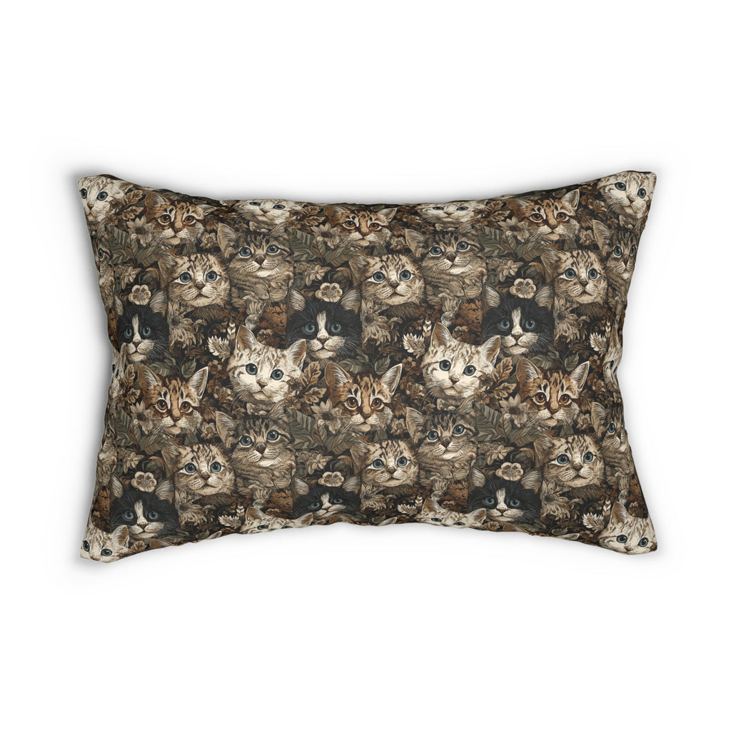 Indoor Lumbar Pillow - An intricate and detailed vintage illustration featuring a close-up of various fluffy cats with bright eyes amidst lush, ornate floral foliage in sepia tones.