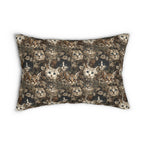Indoor Lumbar Pillow - An intricate and detailed vintage illustration featuring a close-up of various fluffy cats with bright eyes amidst lush, ornate floral foliage in sepia tones.