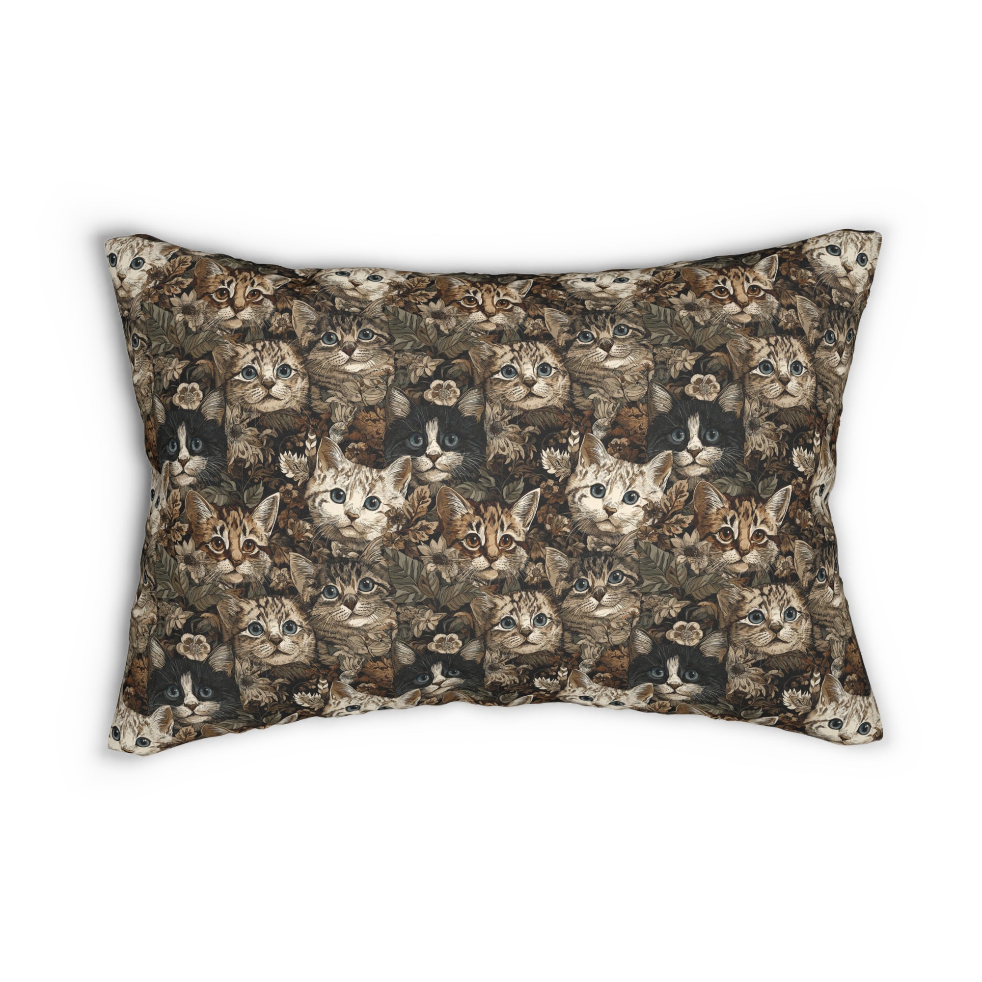 Indoor Lumbar Pillow - An intricate and detailed vintage illustration featuring a close-up of various fluffy cats with bright eyes amidst lush, ornate floral foliage in sepia tones.