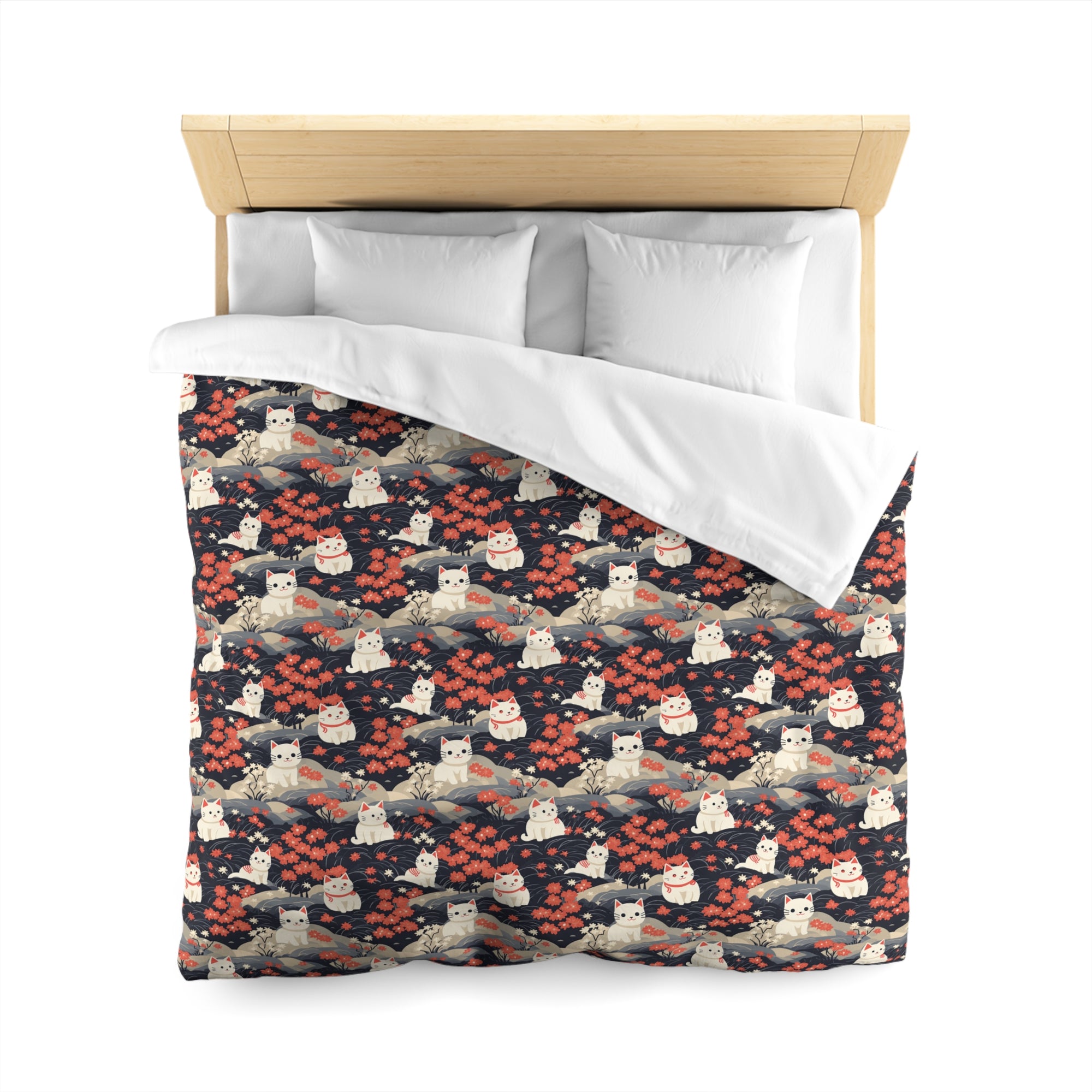 Duvet Cover - A charming, minimalist, Japanese-style illustration of cute white cats sitting amongst vibrant red and white flowers on a dark background.