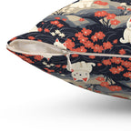 Indoor Square Pillow - A charming, minimalist, Japanese-style illustration of cute white cats sitting amongst vibrant red and white flowers on a dark background.