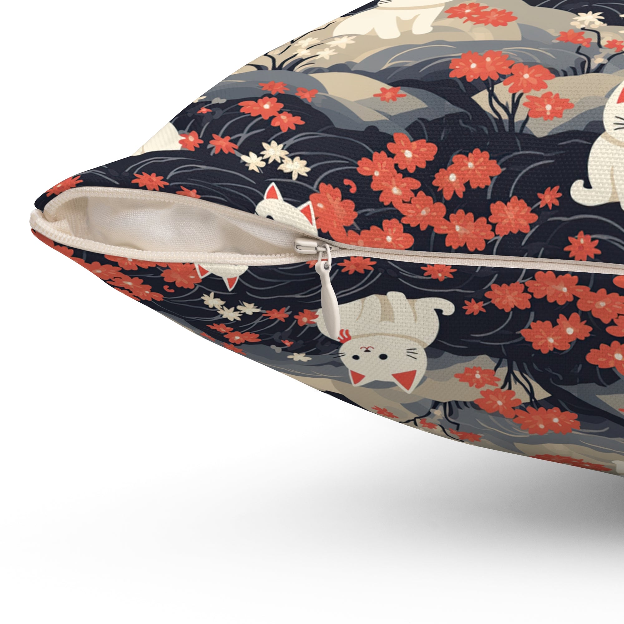 Indoor Square Pillow - A charming, minimalist, Japanese-style illustration of cute white cats sitting amongst vibrant red and white flowers on a dark background.