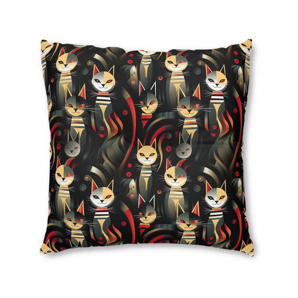 Indoor Square Floor Pillow - A bold and striking Art Deco pattern showcasing stylized feline portraits with sharp, gold lines and geometric shapes set against a dark, dramatic background.