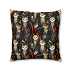 Indoor Square Floor Pillow - A bold and striking Art Deco pattern showcasing stylized feline portraits with sharp, gold lines and geometric shapes set against a dark, dramatic background.