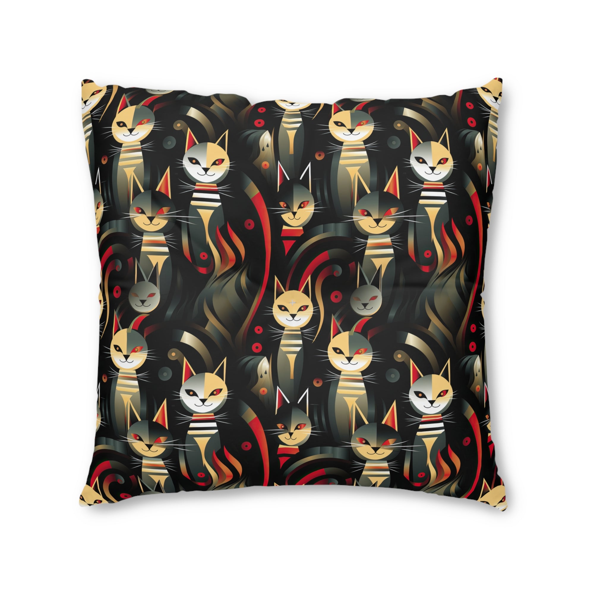 Indoor Square Floor Pillow - A bold and striking Art Deco pattern showcasing stylized feline portraits with sharp, gold lines and geometric shapes set against a dark, dramatic background.